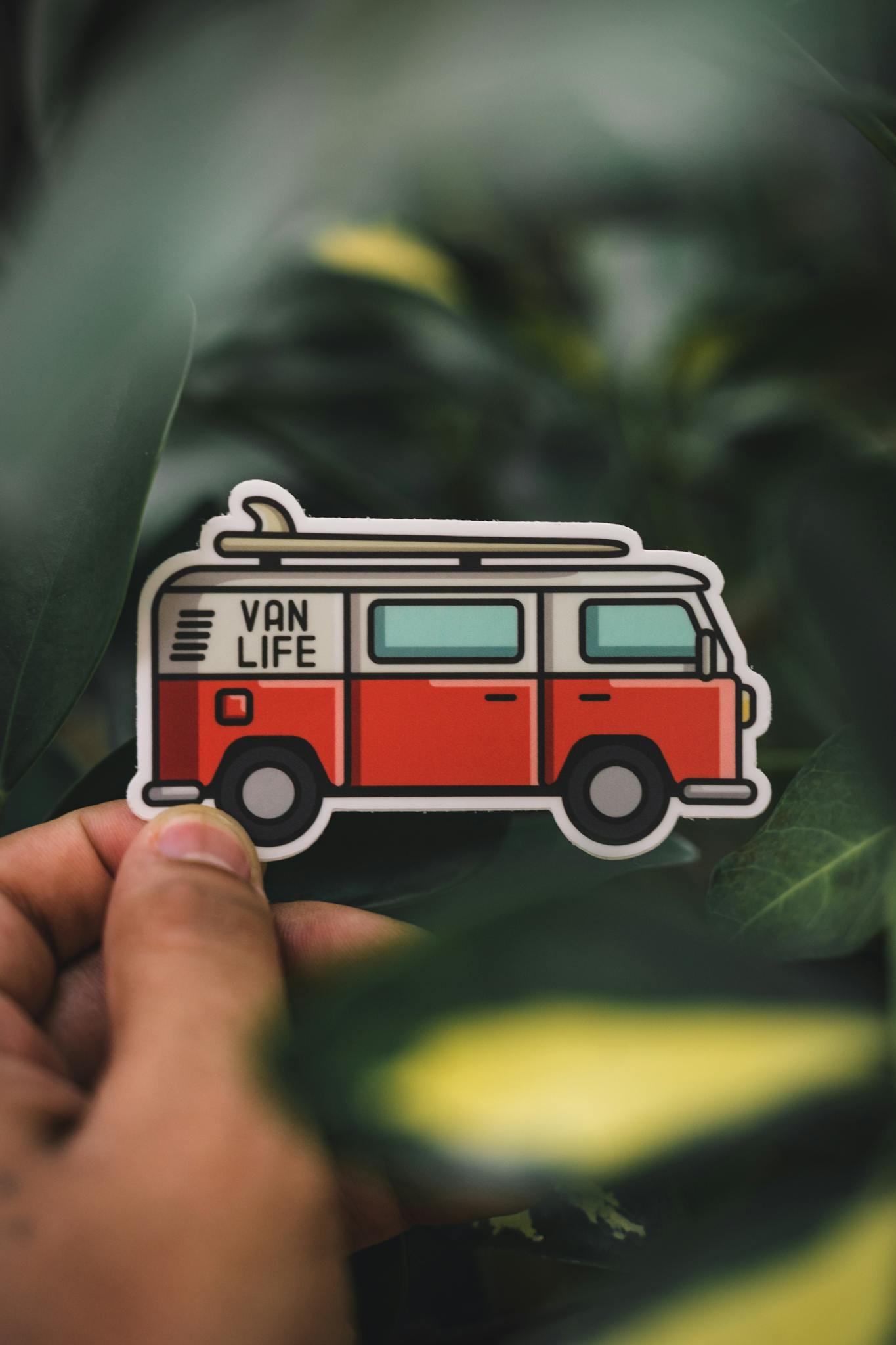 Close-up of hand holding a red van life sticker surrounded by green leaves.